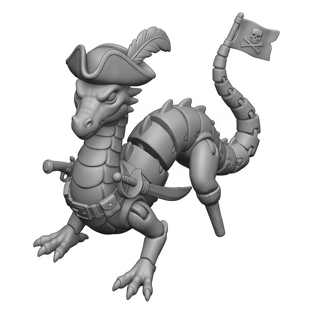 A flexi pirate dragon. It has one rear leg as a peg leg, a pirate hat ...
